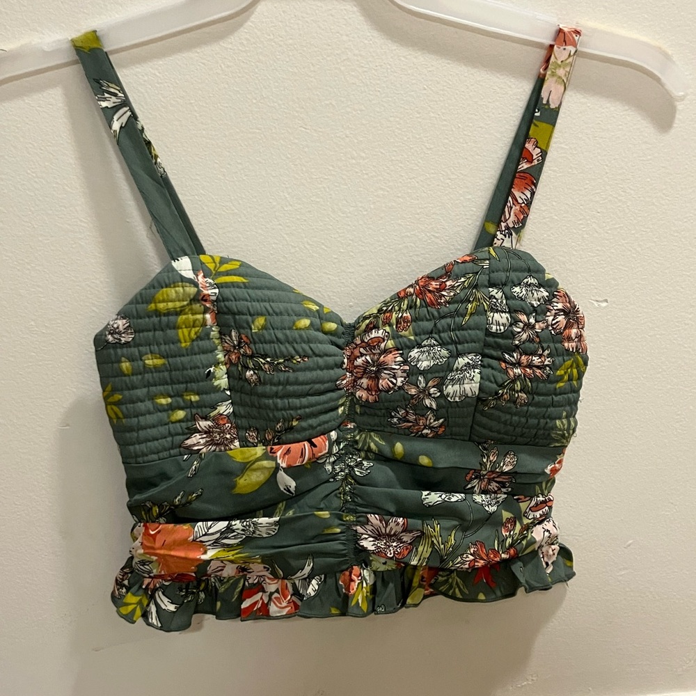 Green Floral  Quilted Ruffle Smocked Crop top
